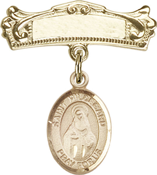14kt Gold Baby Badge with St. Hildegard Von Bingen Charm and Arched Polished Badge Pin