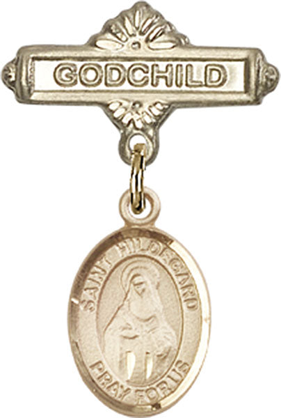 14kt Gold Baby Badge with St. Hildegard Von Bingen Charm and Godchild Badge Pin
