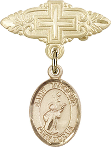 14kt Gold Filled Baby Badge with St. Tarcisius Charm and Badge Pin with Cross