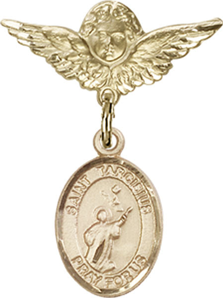 14kt Gold Filled Baby Badge with St. Tarcisius Charm and Angel w/Wings Badge Pin