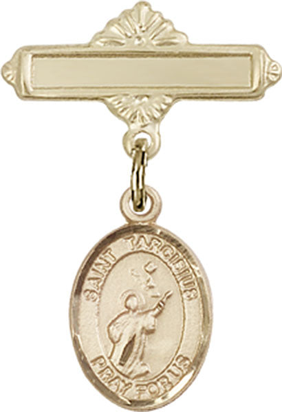 14kt Gold Baby Badge with St. Tarcisius Charm and Polished Badge Pin