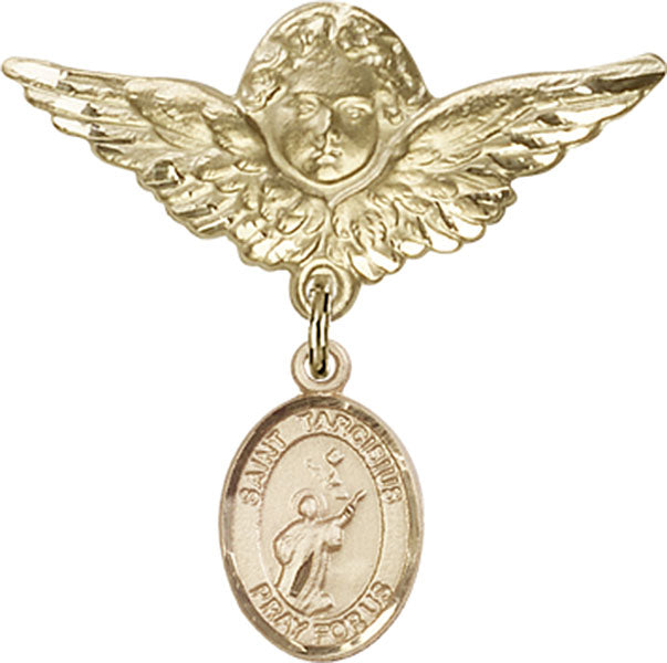 14kt Gold Baby Badge with St. Tarcisius Charm and Angel w/Wings Badge Pin