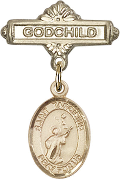 14kt Gold Baby Badge with St. Tarcisius Charm and Godchild Badge Pin