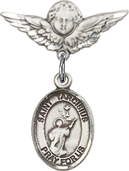 Sterling Silver Baby Badge with St. Tarcisius Charm and Angel w/Wings Badge Pin