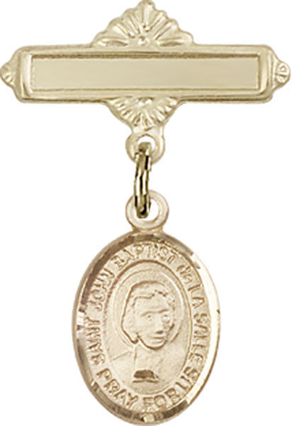 14kt Gold Filled Baby Badge with St. John Baptist de la Salle Charm and Polished Badge Pin