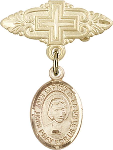 14kt Gold Filled Baby Badge with St. John Baptist de la Salle Charm and Badge Pin with Cross
