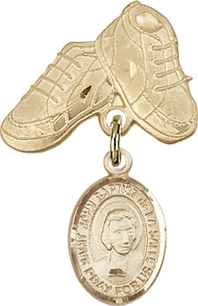 14kt Gold Filled Baby Badge with St. John Baptist de la Salle Charm and Baby Boots Pin