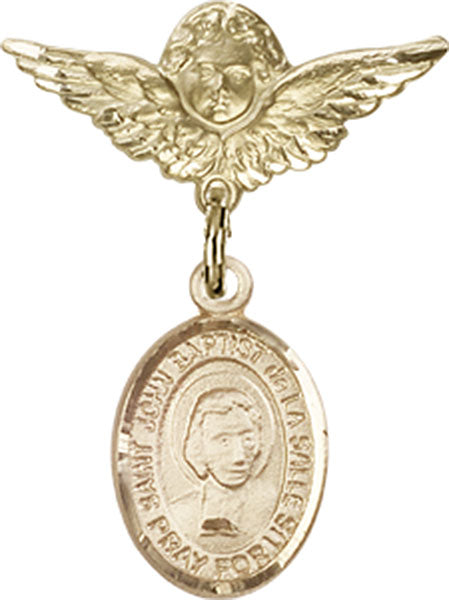 14kt Gold Baby Badge with St. John Baptist de la Salle Charm and Angel w/Wings Badge Pin