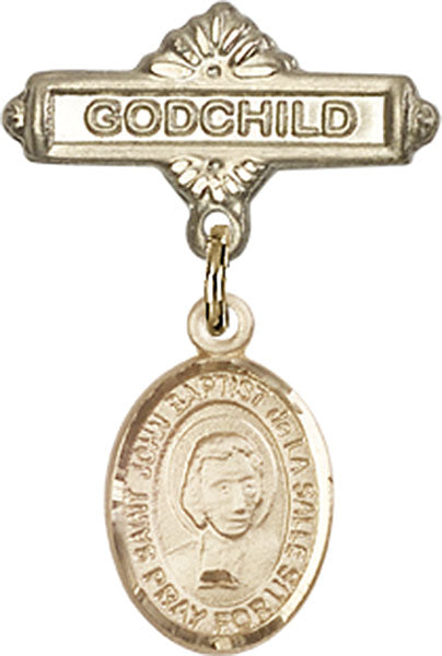14kt Gold Baby Badge with St. John Baptist de la Salle Charm and Godchild Badge Pin