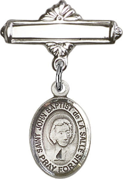 Sterling Silver Baby Badge with St. John Baptist de la Salle Charm and Polished Badge Pin