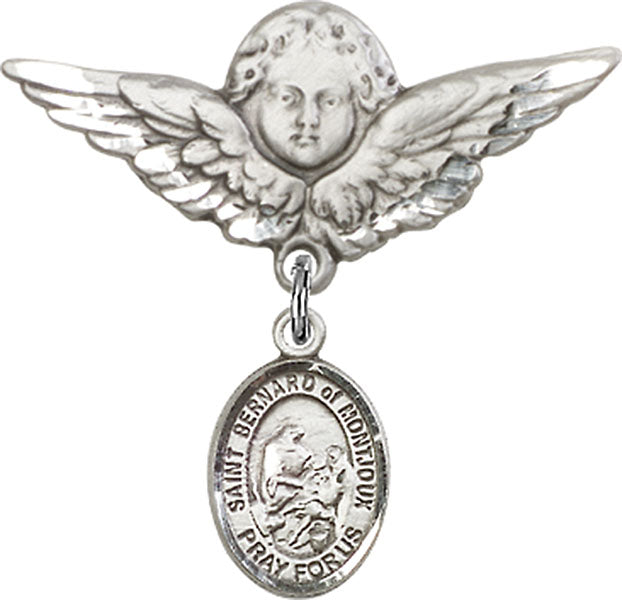 Sterling Silver Baby Badge with St. Bernard of Montjoux Charm and Angel w/Wings Badge Pin