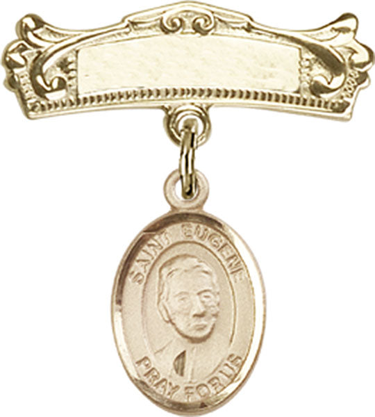 14kt Gold Filled Baby Badge with St. Eugene de Mazenod Charm and Arched Polished Badge Pin