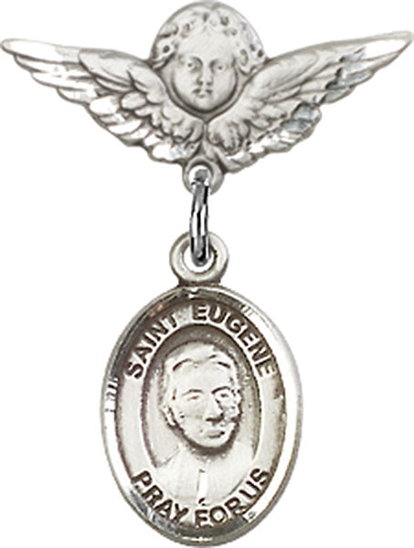 Sterling Silver Baby Badge with St. Eugene de Mazenod Charm and Angel w/Wings Badge Pin