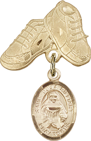14kt Gold Filled Baby Badge with St. Julia Billiart Charm and Baby Boots Pin