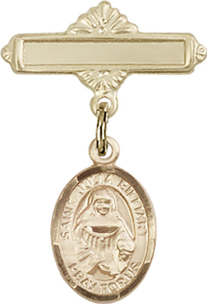 14kt Gold Baby Badge with St. Julia Billiart Charm and Polished Badge Pin