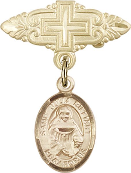 14kt Gold Baby Badge with St. Julia Billiart Charm and Badge Pin with Cross