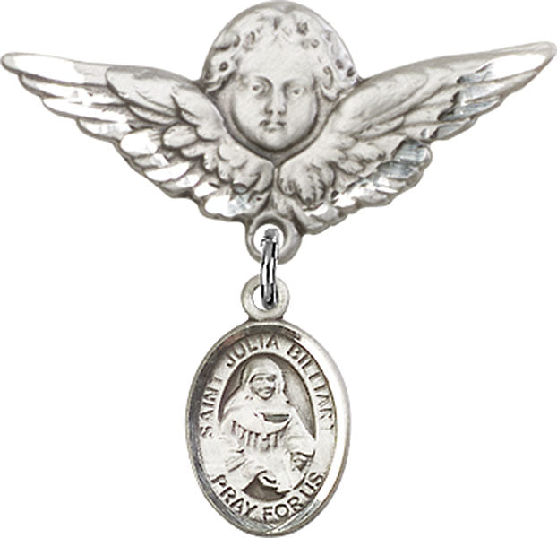 Sterling Silver Baby Badge with St. Julia Billiart Charm and Angel w/Wings Badge Pin