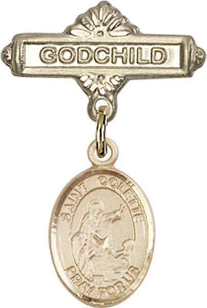 14kt Gold Filled Baby Badge with St. Colette Charm and Godchild Badge Pin