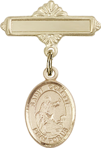 14kt Gold Baby Badge with St. Colette Charm and Polished Badge Pin