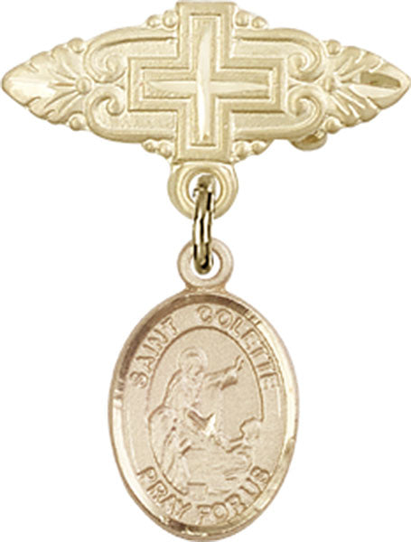 14kt Gold Baby Badge with St. Colette Charm and Badge Pin with Cross
