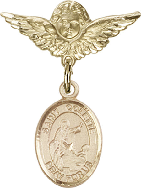 14kt Gold Baby Badge with St. Colette Charm and Angel w/Wings Badge Pin