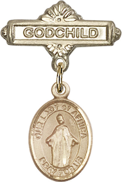 14kt Gold Baby Badge with O/L of Africa Charm and Godchild Badge Pin