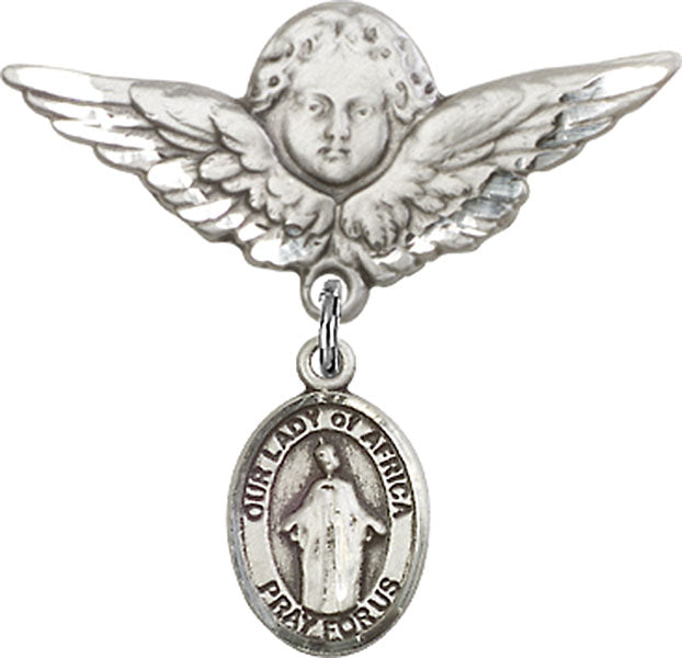 Sterling Silver Baby Badge with O/L of Africa Charm and Angel w/Wings Badge Pin
