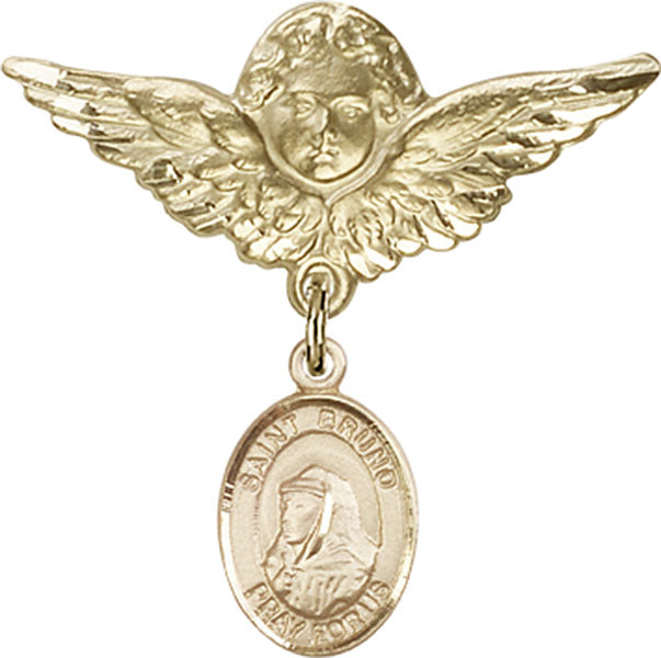 14kt Gold Baby Badge with St. Bruno Charm and Angel w/Wings Badge Pin