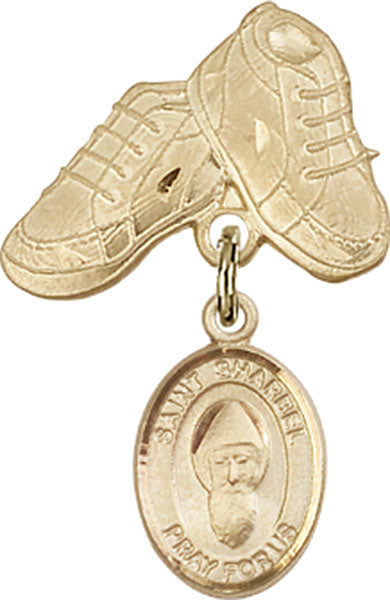 14kt Gold Filled Baby Badge with St. Sharbel Charm and Baby Boots Pin