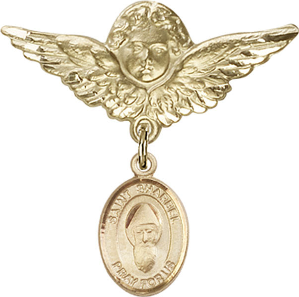 14kt Gold Baby Badge with St. Sharbel Charm and Angel w/Wings Badge Pin