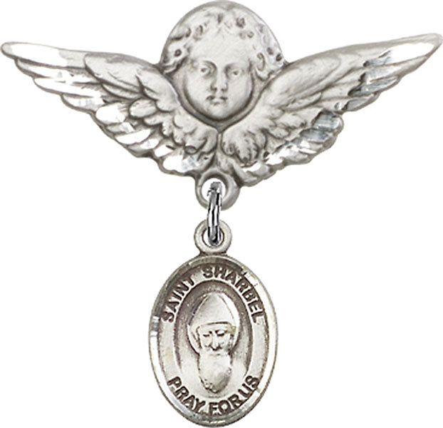Sterling Silver Baby Badge with St. Sharbel Charm and Angel w/Wings Badge Pin