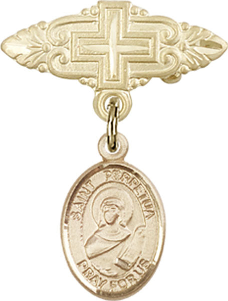 14kt Gold Filled Baby Badge with St. Perpetua Charm and Badge Pin with Cross