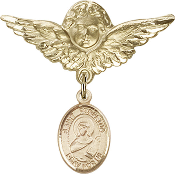 14kt Gold Filled Baby Badge with St. Perpetua Charm and Angel w/Wings Badge Pin