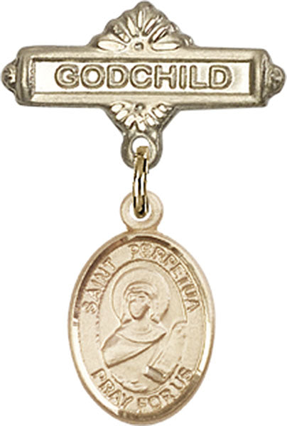 14kt Gold Baby Badge with St. Perpetua Charm and Godchild Badge Pin