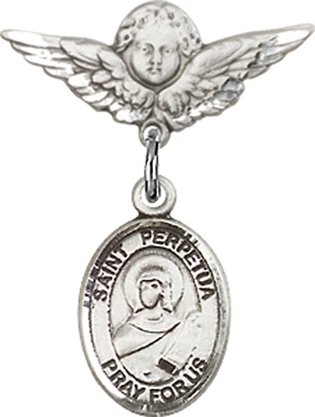 Sterling Silver Baby Badge with St. Perpetua Charm and Angel w/Wings Badge Pin