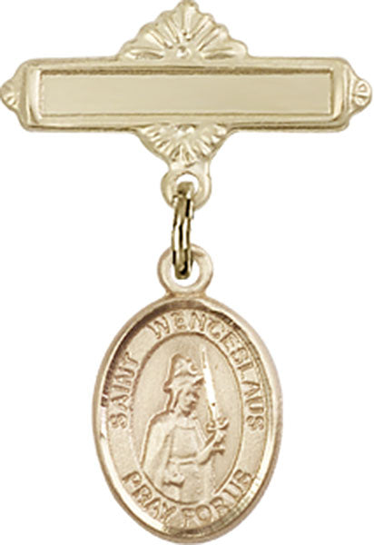 14kt Gold Filled Baby Badge with St. Wenceslaus Charm and Polished Badge Pin