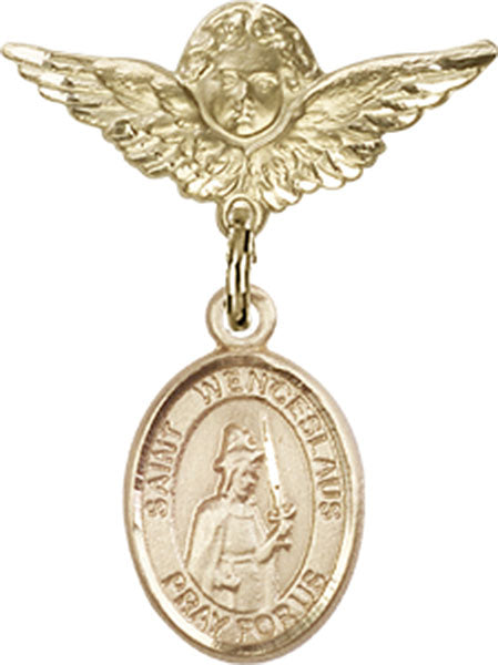 14kt Gold Filled Baby Badge with St. Wenceslaus Charm and Angel w/Wings Badge Pin