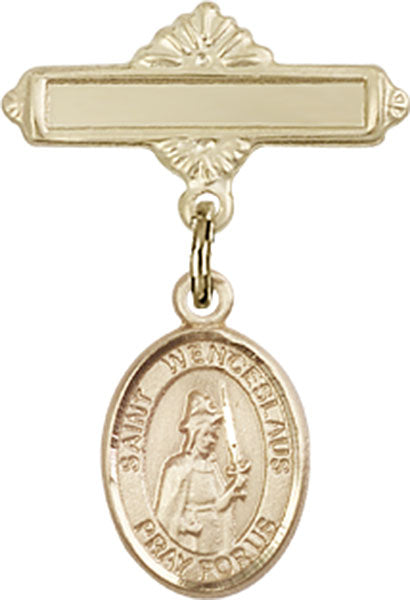14kt Gold Baby Badge with St. Wenceslaus Charm and Polished Badge Pin