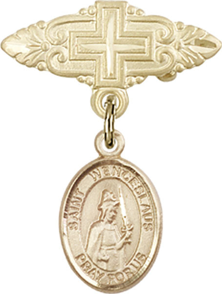 14kt Gold Baby Badge with St. Wenceslaus Charm and Badge Pin with Cross