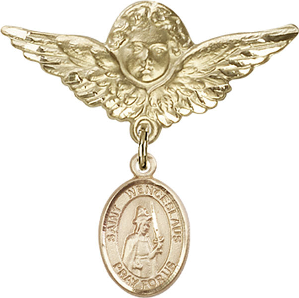 14kt Gold Baby Badge with St. Wenceslaus Charm and Angel w/Wings Badge Pin