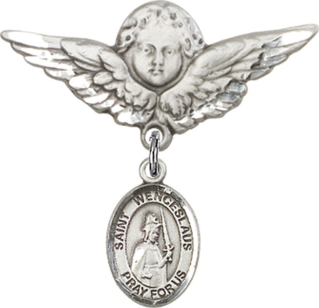 Sterling Silver Baby Badge with St. Wenceslaus Charm and Angel w/Wings Badge Pin