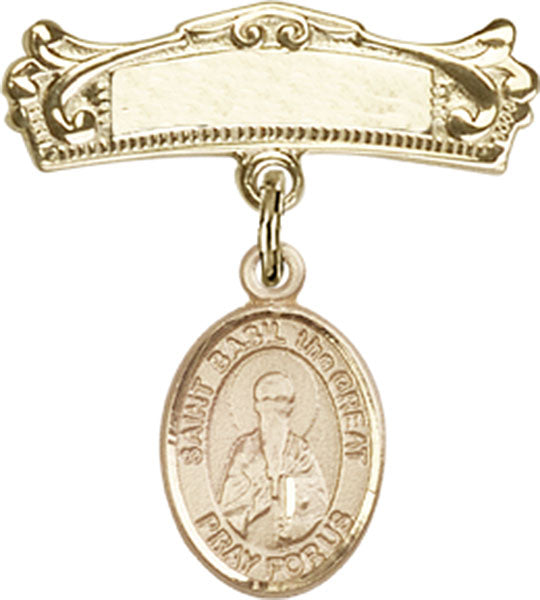 14kt Gold Filled Baby Badge with St. Basil the Great Charm and Arched Polished Badge Pin