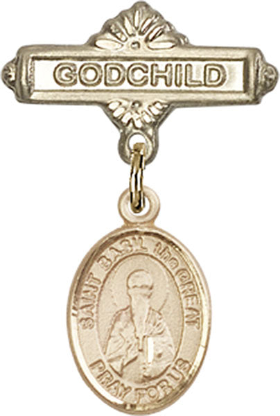 14kt Gold Baby Badge with St. Basil the Great Charm and Godchild Badge Pin