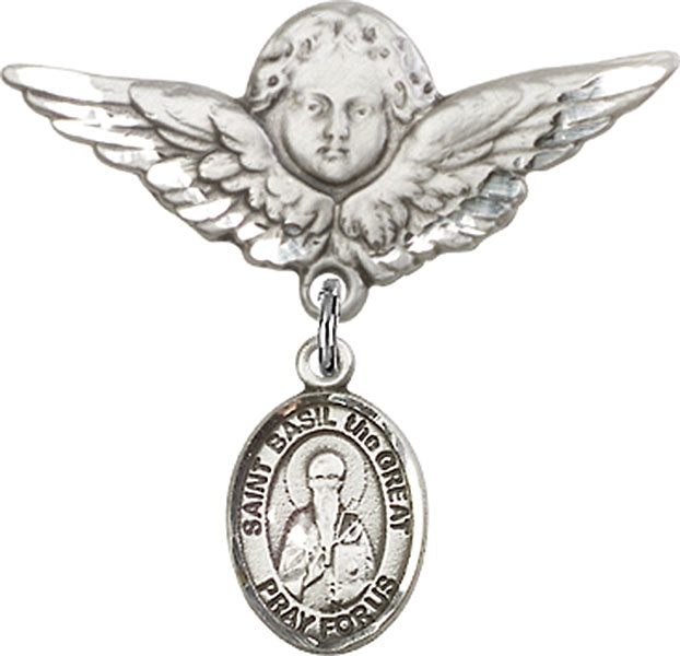 Sterling Silver Baby Badge with St. Basil the Great Charm and Angel w/Wings Badge Pin