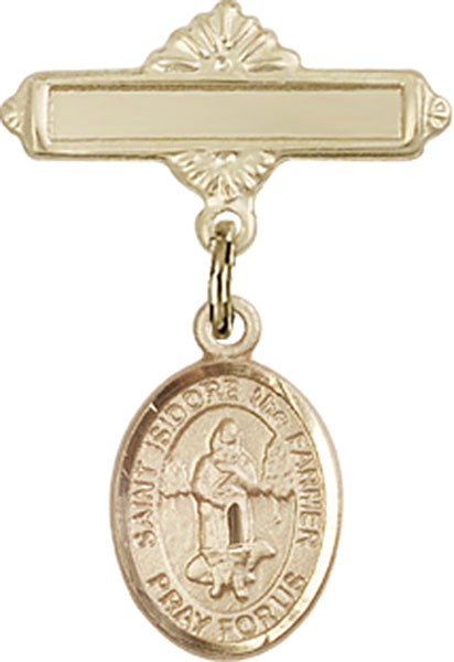 14kt Gold Filled Baby Badge with St. Isidore the Farmer Charm and Polished Badge Pin