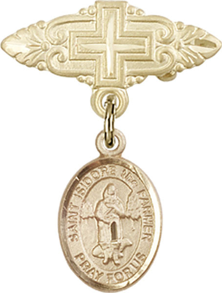 14kt Gold Filled Baby Badge with St. Isidore the Farmer Charm and Badge Pin with Cross