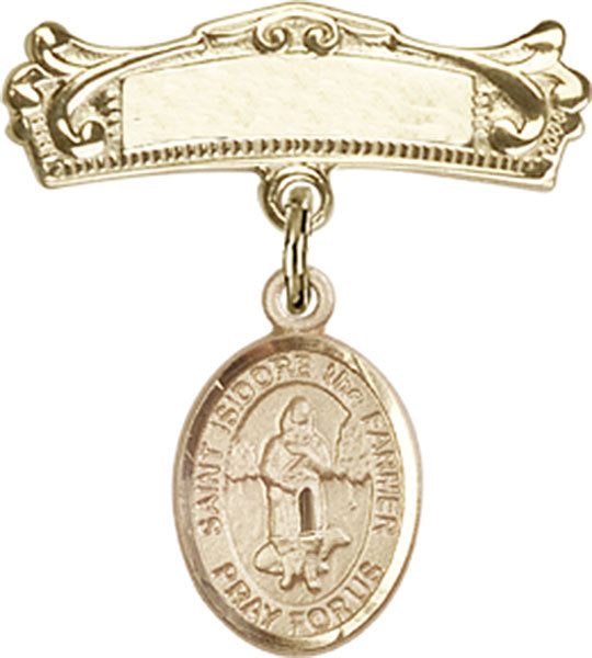 14kt Gold Filled Baby Badge with St. Isidore the Farmer Charm and Arched Polished Badge Pin