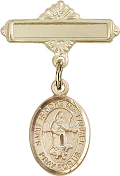 14kt Gold Baby Badge with St. Isidore the Farmer Charm and Polished Badge Pin