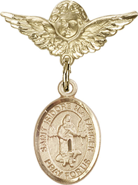 14kt Gold Baby Badge with St. Isidore the Farmer Charm and Angel w/Wings Badge Pin