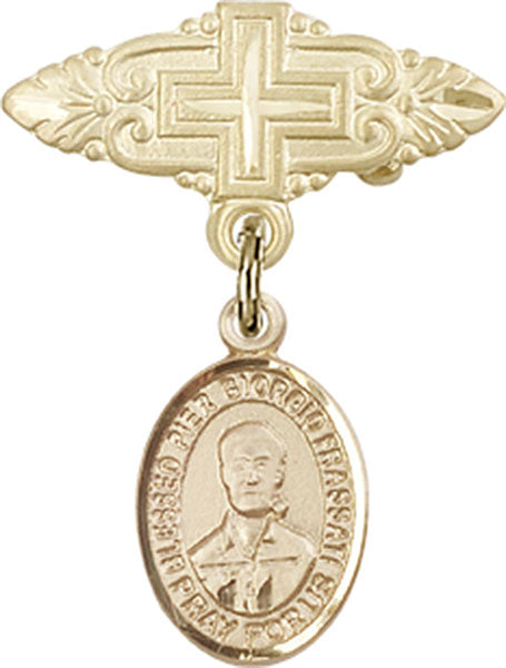 14kt Gold Filled Baby Badge with Blessed Pier Giorgio Frassati Charm and Badge Pin with Cross